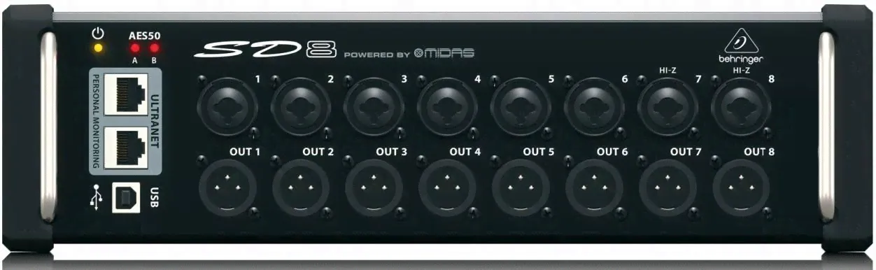 Behringer SD8 стейдж-бокс, 8 мик/лин входов, 8 лин выходов XLR, 2 x AES50, 2 x ULTRANET, USB, крепление в рэк в комплекте