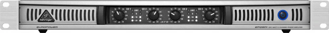 Behringer EPQ304 усилитель 4-канальный. Мощность пиковая 4 х 75Вт•4Ω, 4 х 50Вт•8Ω, мост 2 х 150Вт•8Ω, класс D, 1U